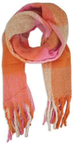 styleBREAKER Bufanda para mujer con estampado de cuadros | Chal largo con flecos gruesos | Suave bufanda de invierno de punto en material cálido, Rosa-Naranja-Marrón claro