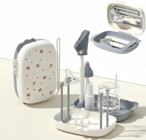 Flaschenbürste Baby Set Tragbar Babyflaschen Reiniger 7 in 1 Reise Flaschenhalter Trockenständer Set mit Silikonflaschenbürste Strohhalmbürste Schnullerbürste Flaschentrockner Spenderflaschen