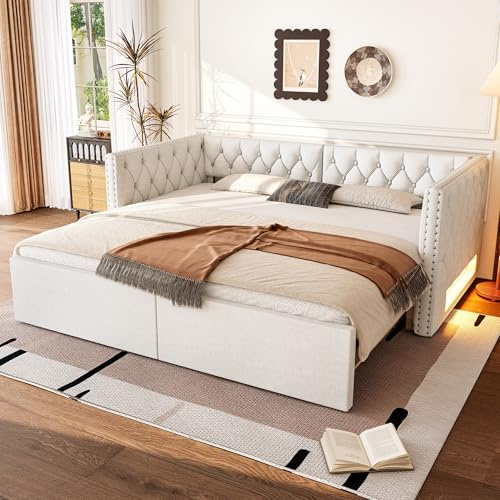 Kebnor Ausziehbares Tagesbett in der Größe 90 x 200 mit Polsterung und LED-Licht, Tagesbett von 90 x 200 bis 180 x 200, Beige