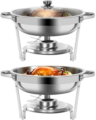 XYJBHB Silver Chafing Dish Buffet Set 5 Qt 2 Pack Stainless Steel Chafer, Round Catering Warmer Server with Glass Lid for Wedding Party Banquet