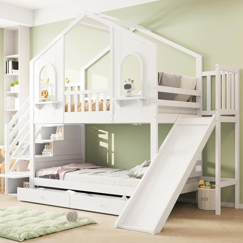 Rosebibi Letto a castello per bambini, 90 x 200 cm, a forma di casa, con finestra curva, con scala portaoggetti e scivolo, cassetti, letto matrimoniale (bianco)