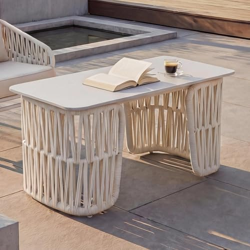Mendler Loungetisch HWC-P90 43x90x45cm - Creme, Platte Creme | Gartentisch, Balkontisch, Outdoor, Seilgeflecht, Rope, Sinterstein