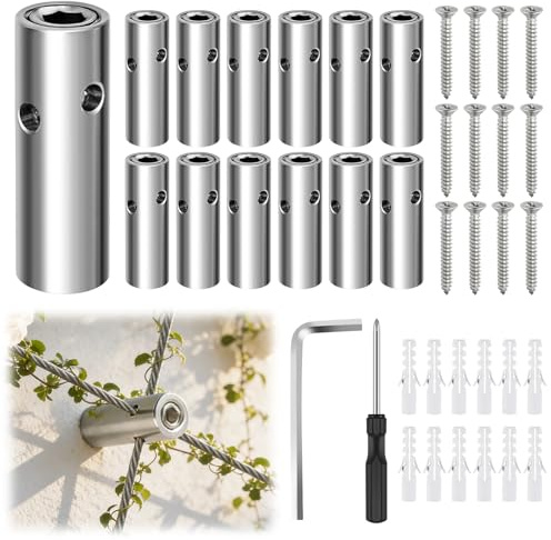 Kalolary 12 Stück T316 Draht Rankgitter Set für Blumenwände | Edelstahl Zylinder Abstandshalter für 5/64-1/8 Drahtseile und Stangen Wand Rankgittersystem für Kletterpflanzen DIY