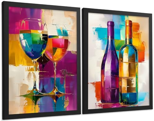 Nacnic Set De 2 Láminas Vino Pop Art Colorido Cuadros Cocina Copas Y Botellas Abstracto Moderno Póster Decoración Pared Comedor A4 Marco Negro