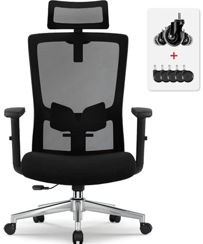 Airchros Bürostuhl Ergonomisch, Ergonomischer Bürostuhl mit Verstellbarer Lendenwirbelstütze, Armlehnen und Kopfstütze, Drehstuhl Schreibtischstuhl, Bürostuhl 150 kg Chefsessel Wippfunktion bis 135°