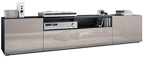 Vladon Lowboard Mogan, TV-Kommode mit 2 Türen, 1 Klappe und 1 offenes Fach, Schwarz matt/Sandgrau Hochglanz (181 x 39 x 35 cm)