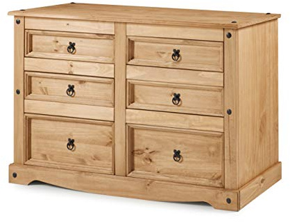 Corona Chest of Drawers 3+3 6 Drawer Low Wide Sideboard Solid Wood Pine Wooden Mexican Style Bedroom Storage Living Dining Room 83cm High. 132cm Wide. 43cm Deep.