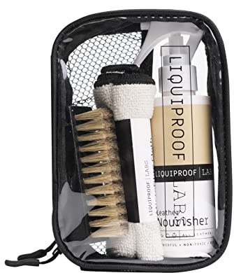 Liquiproof LABS Leather Care Kit | Leather Cleaner, Leather Conditioner & Leather Nourisher Set | Includes Hog Hair Brush, Microfibre Cloth & Travel Bag | Leather Care for Shoes, Boots, Bags & Jackets