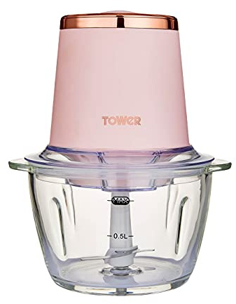 Tower Cavaletto T12058PNK Glass Bowl Chopper, 1L, 350W, Marshmallow Pink and Rose Gold