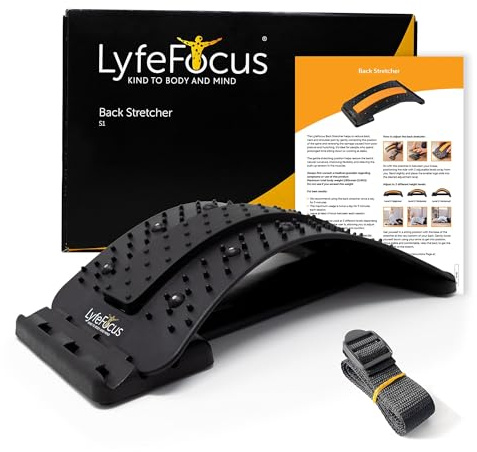 LyfeFocus Back Stretcher & Acupressure Massager for Back & Neck Pain - Comfortable Adjustable Spine Stretcher Posture Corrector - Spine Board Lumbar Support - Magnetic Therapy & Chair Strap (Black)