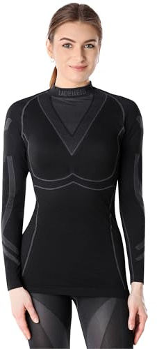 Ladeheid Camiseta Térmica Mujer Manga Larga – Ropa Interior Mujer Deportiva, Elástica, Transpirable y Secado Rápido – Top Funcional para Invierno, Deporte y Uso Diario LAGI004 (Negro/Grafito, M)