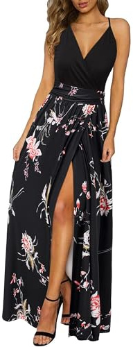 Newshows Women's Summer V Neck Spaghetti Strap Sleeveless Casual Split Long Maxi Wedding Guest Dress Floral 26,L