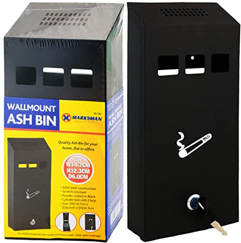 NTI MARKSMAN Ash Bin | Steel Ashtray Black Compact Pub Club Home Office Flat Cigarette Cigar Wall Mounted Lockable Heavy Duty + Keys UK FREE P&P, W14.7cm x D6.0cm x H32.3cm