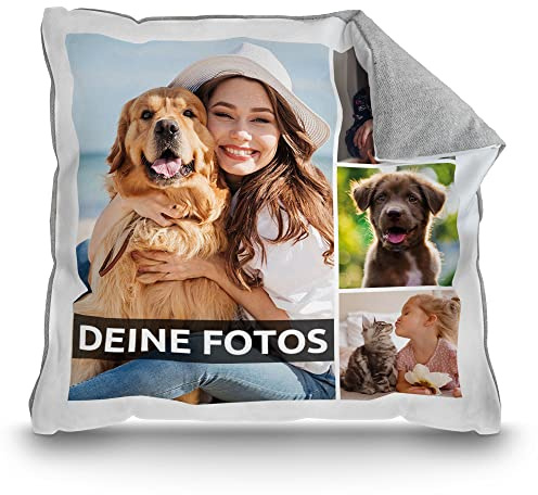 Print Royal Kissen mit Fotocollage selbst gestalten - mit 4 Fotos Personalisieren - Geschenk für Freunde und Familie | Rückseite Pastellgrau, inkl. Kissenfüllung, 40x40cm