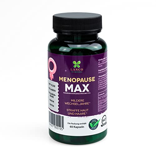 Lanco Menopause Max Kollagen Kapseln mit Rotklee Niacin Hyaluronsäure Biotin für Haare, Anti-Aging-Booster für Wechseljahre Menopause Kapseln Vegan, gepflegtes Haut und Haar, 60 Kapseln