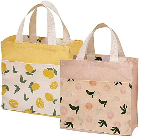 2Stk Stofftaschen Mit Griffen, Klein, Einkaufstasche Baumwolltasche Tragetaschen Wiederverwendbare, für Schule, Büro, Reise, Urlaub, Camping (Gelb+Rosa, 22*22cm)