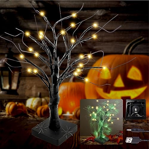 TaimeiMao Halloween Deko LED Baum Licht, 24 Warmes Gelbes LEDs,USB Betrieben,mit Leuchtende Spinnennetz,2 Schwarz Spinnen,Halloween Dekorationen Schwarz Gruselbaum Lichterketten (Halloween)