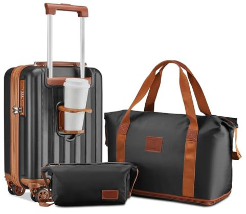 Joyway Koffer Trolley Reisekoffer Koffer, Hartschale Handgepäck Koffer mit Getränkehalter 4 Rollen TSA-Schloss Der Kofferset, Schwarz Braun