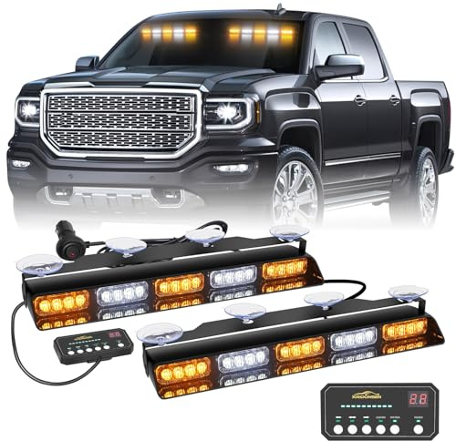 XRIDONSEN 2x 17 inch Emergency Dash Strobe Lights for Trucks Interior Front/Rear Windshield Lights 40 LED Amber White Safety Warning Hazard Lights w/Controller for Plow Trucks Construction Vehicles