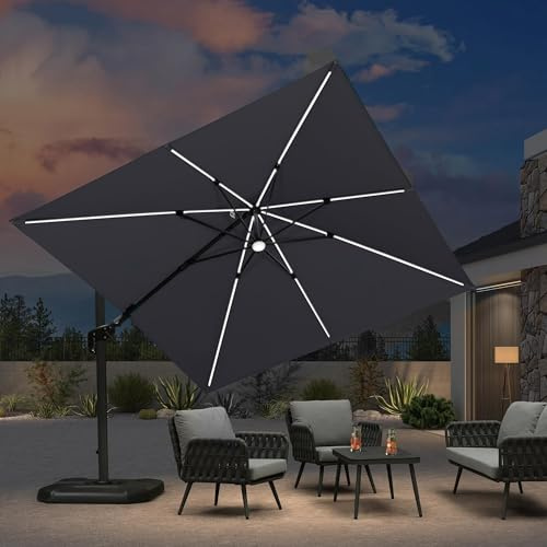 PURPLE LEAF Ombrellone da Giardino LED Solare 3 x 3 m Inclinabile a 60° Sinistra e Destra, Ombrelloni da Esterno Protezione UV 50+ con Rotazione di 360° e 5 livelli di regolazione, Grigio chiaro