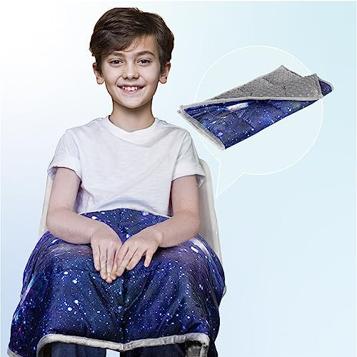 Solfres 5lbs Small Weighted Lap Pad Blanket Throw 20in x 23in - Therapy Plush Travel Size with Glass Beads, Dark Blue Universe Galaxy