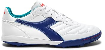 Diadora Brasil Elite Turf Soccer Shoe - Water-Resistant Suprellsoft, Non-Slip PU Heel Lining, Flex Points on Insole, Fine Craftsmanship, White/Navy, 7.5
