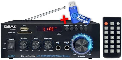 Amplificateur Stéréo HiFi Karma PA-2362BT, 2X 30W, USB SD Bluetooth, Radio FM, télécommande, 2 entrées Micro+ Clé USB 32G