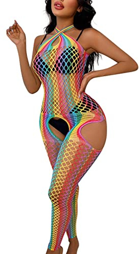 Générique Body Sexy Femme érotique Ouvert Entrejambe Filet Bodystocking Collant Resille Arc en Ciel Bodysuit Dos Nu Curvy Club libertin Lingerie Sexy Hot Chaude Transparente Pas Cher