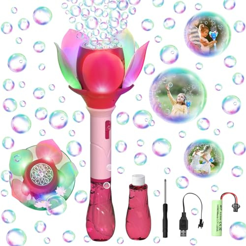 Såpbubbelmaskin, elektrisk lotusbubbelmaskin för barn, elektrisk bubbelstav med bubblalösning, bubbelstav 10000+ bubblor/minut, för utomhus/fest/bröllop (rosa)
