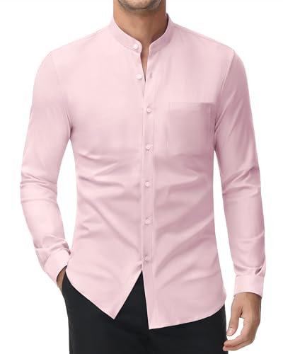 DEMEANOR Chemise stretch sans col pour homme - Manches longues - Col montant - Chemise d'affaires - Coupe ajustée - Chemise de loisirs, Rose, XXL