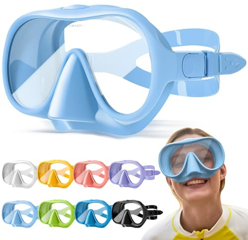 HINATAA Kit de plongée pour adulte, macaron sans cadre, lunettes de plongée ultra large 180°, anti-buée, masque de plongée professionnel, anti-fuite, lunettes de natation pour femmes et hommes, bleu