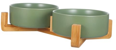 CORHAD Ceramic Double Bowl Cat Feeder with Wooden Stand Elevated Dog Food and Water Bowls Non-spill Design Matte Green Finish