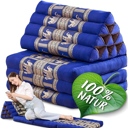 Namasdee Thaikissen 3 Auflagen 175x55x8cm mit 100% natürlicher Kapokfüllung (Blau/Elefanten Seide)