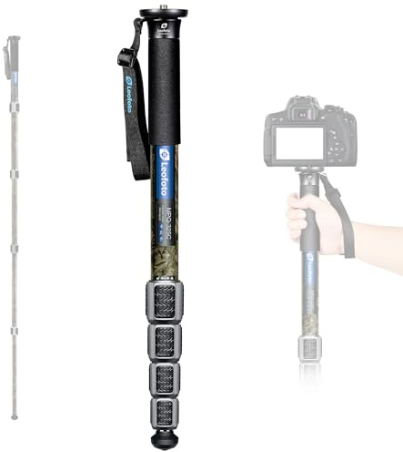 LEOFOTO Camera Monopod Carbon Fiber Portable Compact Lightweight Travel Monopod with Wrist Strap, Silicone Handle, Twist Locks, 5-Section up to 165cm, Max Load 15kg，Camo(MPQ-325C)