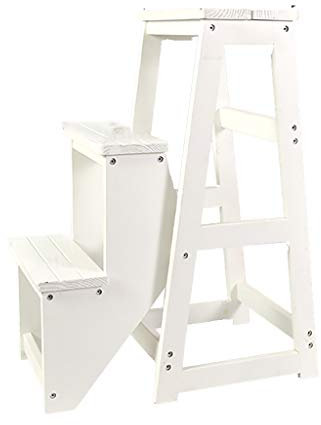 GXXINGIN Tritthocker, 3-stufig, klappbar, multifunktionaler Leiterstuhl, Sitzbank, Allzweckleiterstuhl aus Holz, dekorativ (weiß, 29 x 57 x 77 cm)
