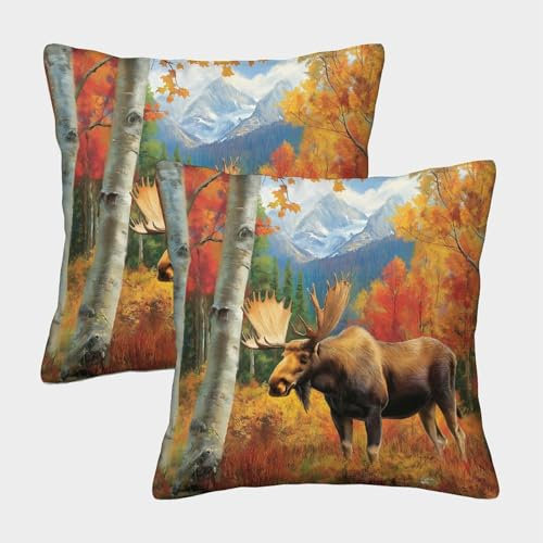 ZBOLI 2er-Pack Kissenbezug 40x40cm Deko-Kissenbezug Wald Herbst Deko-Kissenbezug Elch Deko-Sofa-Kissenbezug Mit Muster Passend Für Sofa Wohnzimmer Balkon Garten Auto