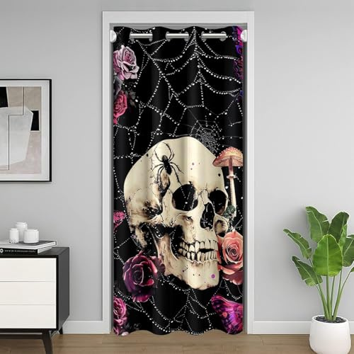 Loussiesd Ästhetischer Schädel Türvorhang 86x203cm Spinnennetz Vorhang für Innentür Raumteiler Vorhang für Tür Privatsphäre Rosa Rose Schmetterling Vorhang Halloween Vorhang