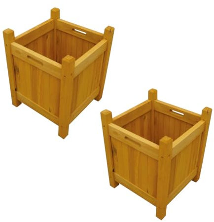 Vivo Technologies Set of 2 Square Wooden Planters Outdoor Garden Planter Box Planting Raise Bed Plants Flowers Plant Pot Natural Long Wood Pot,30x30x38 cm, Natural