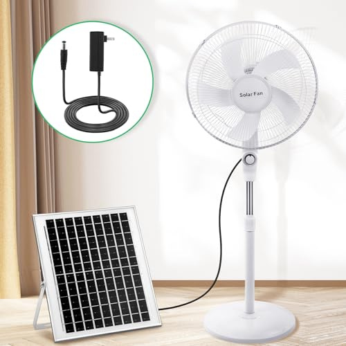 Blosssound Ventilador solar portátil de pie con panel solar, ventilador de pedestal recargable de 16 pulgadas, batería de 12000 mAh, dos métodos de carga, 3 velocidades, ventilador de pie oscilante