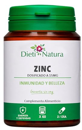 Dieti Natura 60 Cápsulas de Zinc para Fortalecer el Sistema Inmunológico, Mejorar la Salud de Piel y Cabello y las Funciones Cognitivas - Pastillas para el Crecimiento de Cabello para Mujer y Hombre