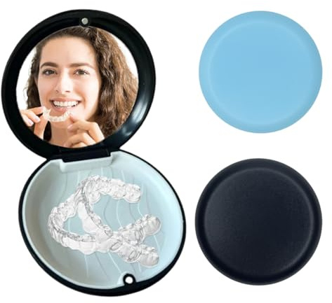 2 Pezzi Scatola per apparecchi ortodontici,con specchio,porta apparecchio denti,scatola di immagazzinaggio per dentiera, custodia per allineatore, custodia apparecchio denti,Nero+Blu