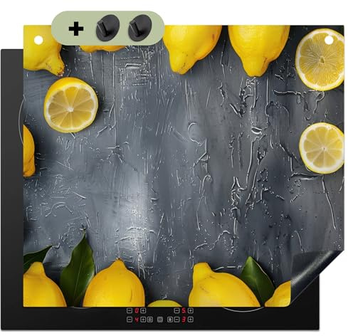 KitchenYeah© Herdabdeckplatte Einteilig Ceranfeld Abdeckplatte | 58x51 cm - Induktionsschutz Ceranfeldabdeckung Vinyl Herdabdeckplatten, Spritzschutz Küche Beton - Zitrone - Grau - Gelb