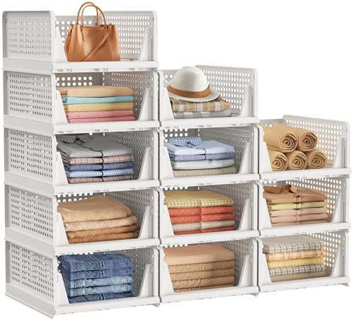 Wardrobe Storage Organiser, 12 Pack Clothes Stackable Storage Baskets Drawers, Folding Plastic Cupboard Organiser Shelves Baskets for Bedroom Wardrobe Bathroom