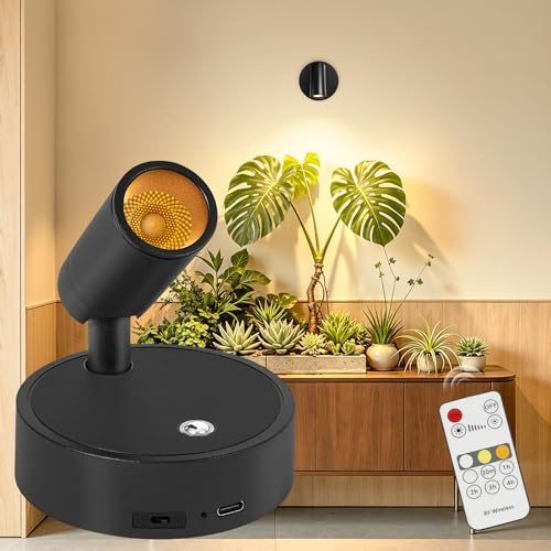 Dehobo Aufladbare Spotlight 240LM LED Wandleuchte Innen Akku pflanzenlampen | 3 CCT Wandlampe Innen Dimmbar mit Fernbedienung, 350° Drehbare akku lampe für Wand Bilder Pflanzen Home Dekoration, 1 Stück