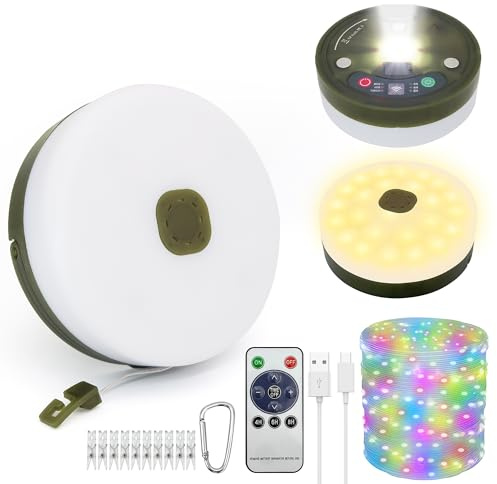 10m Retractable Camping String Lights,USB Rechargeable,1800mAh Battery,9 Lighting Modes,IP44 SplashProof, Stowable Portable for Camping,Tents,RV,Garden (RGB/USB Charge, 10m)