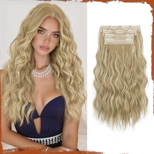 Sofeiyan Clip in Extensions, 4PCS 40 cm Haarverlängerung für Damen, Lockige Dicke Synthetische Haarextensions zum Einklippen Natürliches Weiches Clip in Haarteil – Dunkles Aschblond mit Hellblond