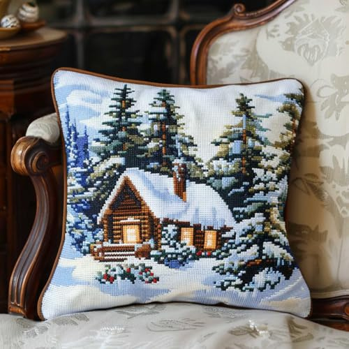 Kitquiver Stickpackung Kissen Winterliche Bauernhauslandschaft Knüpfkissen-Sets,Grobes Kreuzstich-Set,Diy-Stickerei-Nadelspitzen-Kit Für Heimdekoration 17x17In