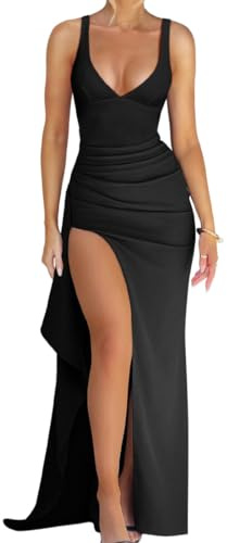 AOWVUTS Women's Maxi Evening Dress Elegant Spaghetti Straps Sleeveless Dresses V Neck Bodycon Long Dresses Sexy High Slit Formal Gowns Dress for Prom Bridesmaids Club Cocktail Party Black
