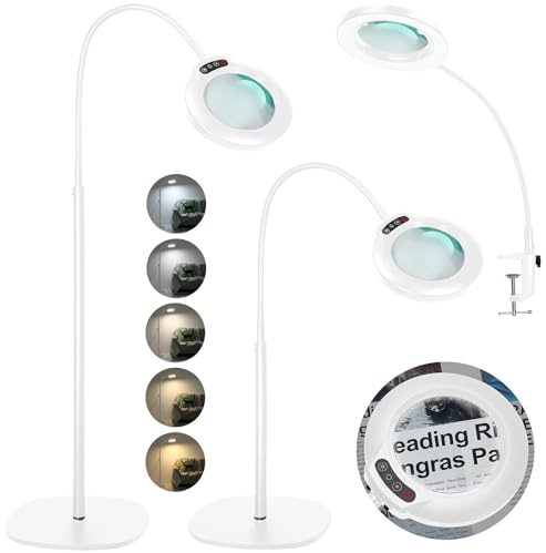 Veemagni 12X Lupe mit Licht und Ständer, 24“ Flexible Schwanenhals-Lupe Stehlampe, 5 Farbmodi Stufenlos Dimmbar, 3-in-1 LED Standlupe mit Beleuchtung Hände frei zum Lesen Handwerk Nähen Malen Weiß