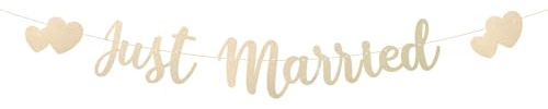 Just Married Banner, Vorgespanntes Hochzeitsbanner mit Glitzerbuchstaben und Herzen Dekorative Girlande für Hochzeit Brautparty Junggesellenabschied Dekoration (Champagnergold)